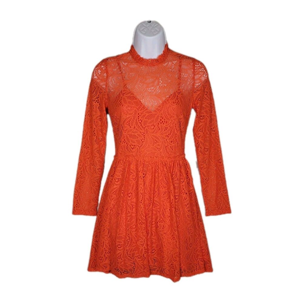 NWT Bardot Sara Lace Mini Dress Womens XS In Paprika Long Sleeve Lined Ruffles